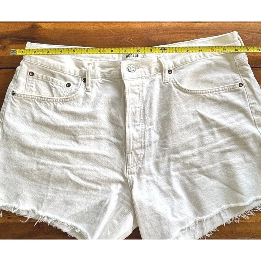 AGOLDE Parker Long Cutoff Shorts White Organic Cotton High Rise‎ Raw Hem Size 33